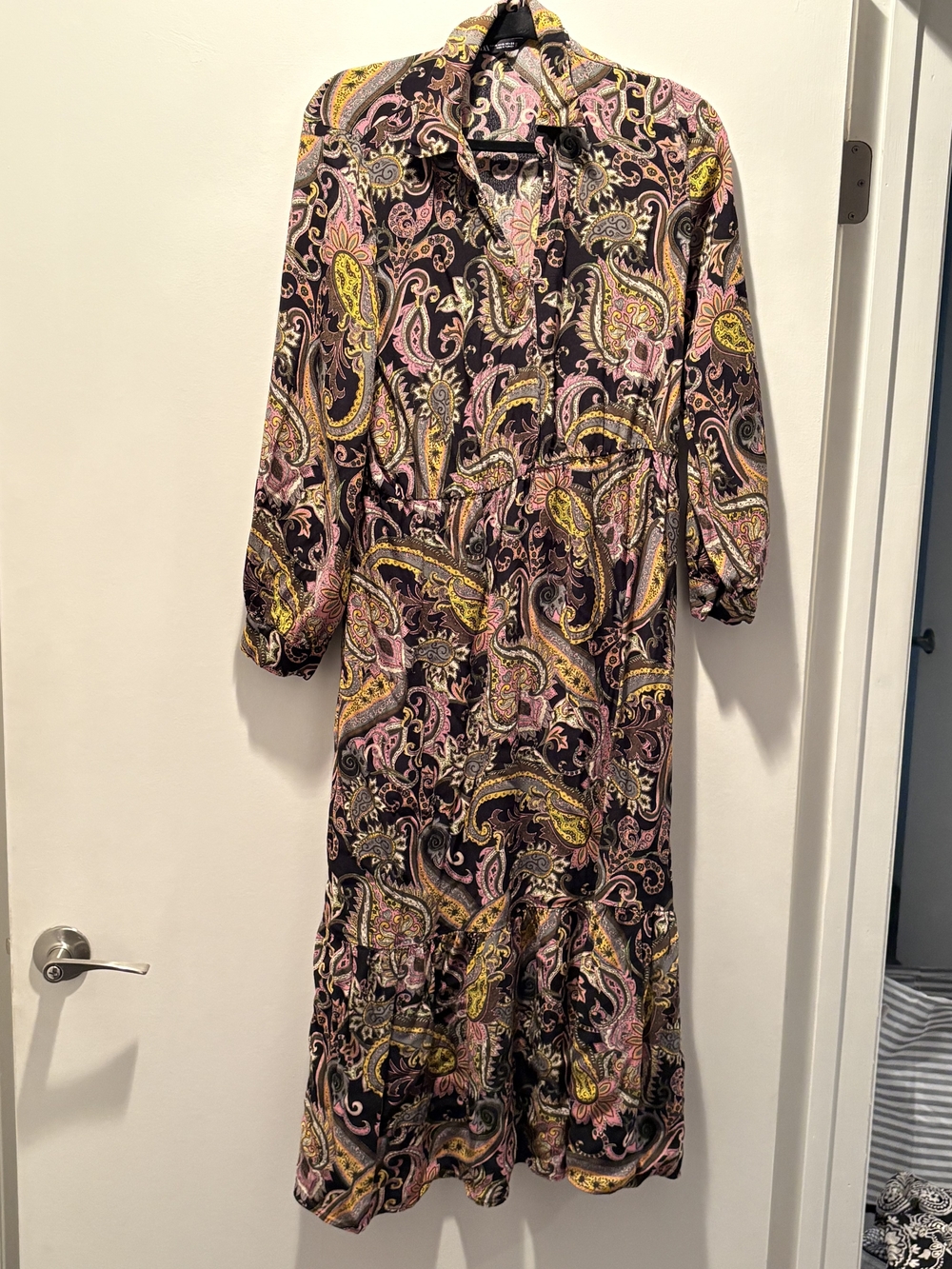 Zara Black Paisley Midi Dress with Pink and Yellow Accents